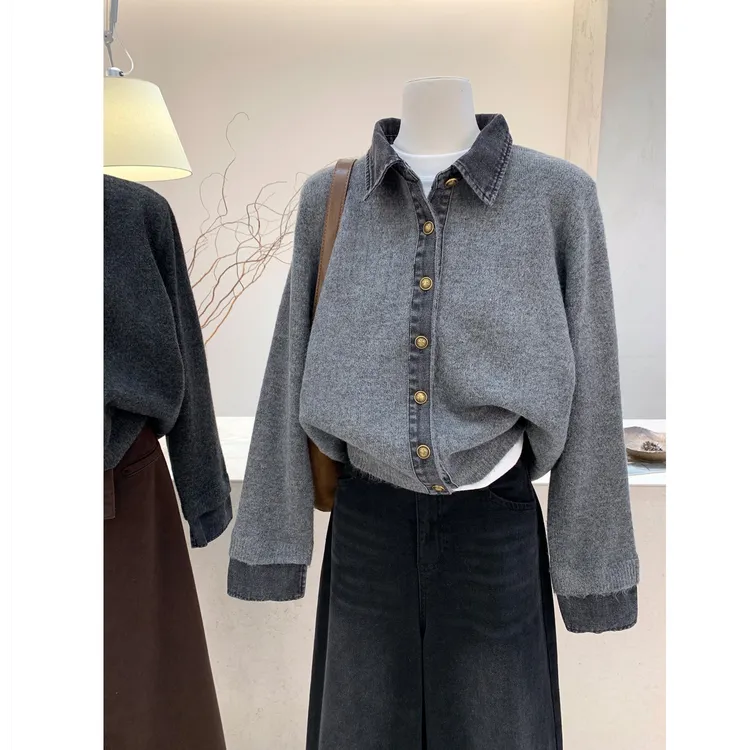 时尚假两件牛仔拼接Polo领毛衣女冬季新款针织衫保暖翻领上衣