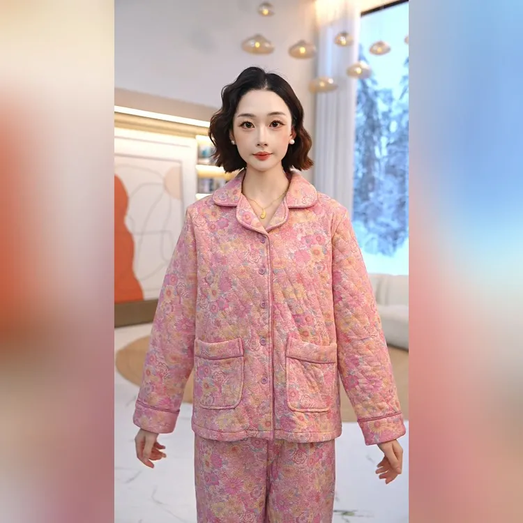 秋鹿2025新款菱形格空气夹层印花翻领女套保暖秋冬时尚家居服