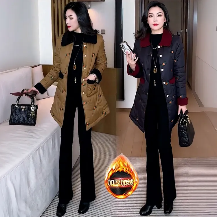 时尚加绒加厚中长款保暖棉服女冬季新款洋气显瘦国风刺绣棉袄外套