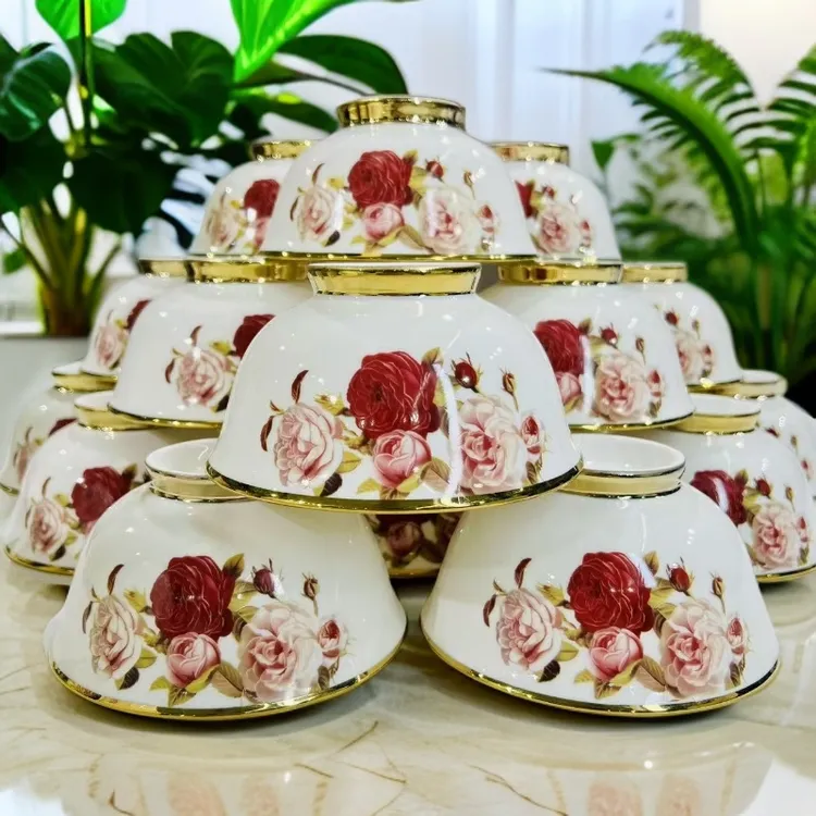 新疆包邮【大红玫瑰10个大碗】好看陶瓷碗饭碗高档家用中式吃饭