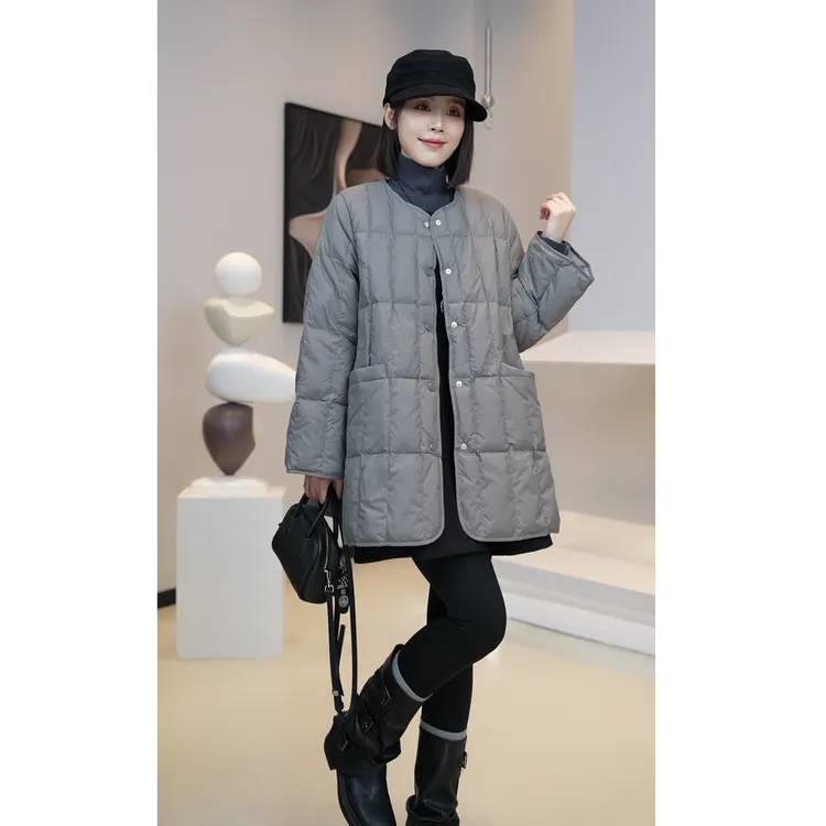 少量现货【芜阅】冬季新款中长款设计感格纹显瘦新国标90鹅绒服E396