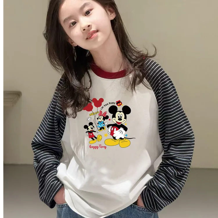25秋季儿童卡通印花条纹插肩袖上衣男女童韩版宽松休闲长袖T恤