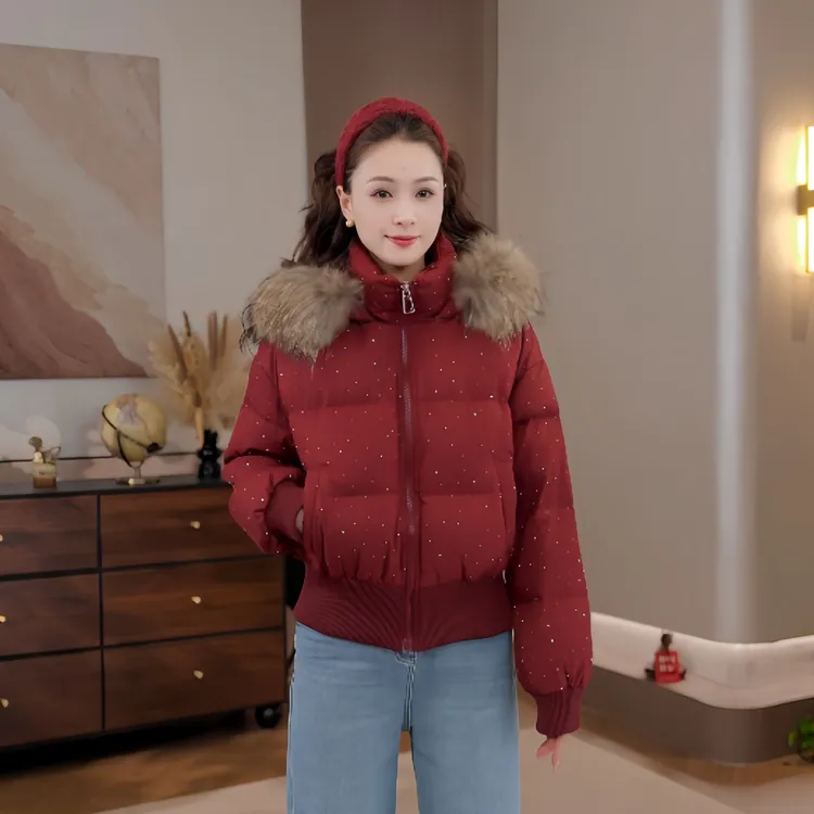 豆豆10【毛领年服】真貉子毛领90白鸭绒保暖连帽羽绒服女-5919025DY