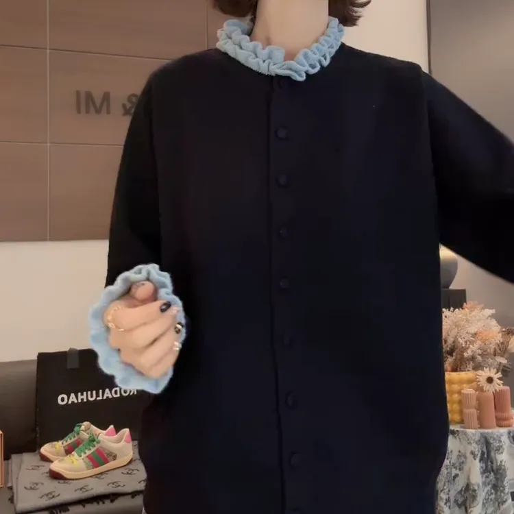 秋冬新款韩系百搭时尚木耳领撞色长袖毛针织衫LK2508845