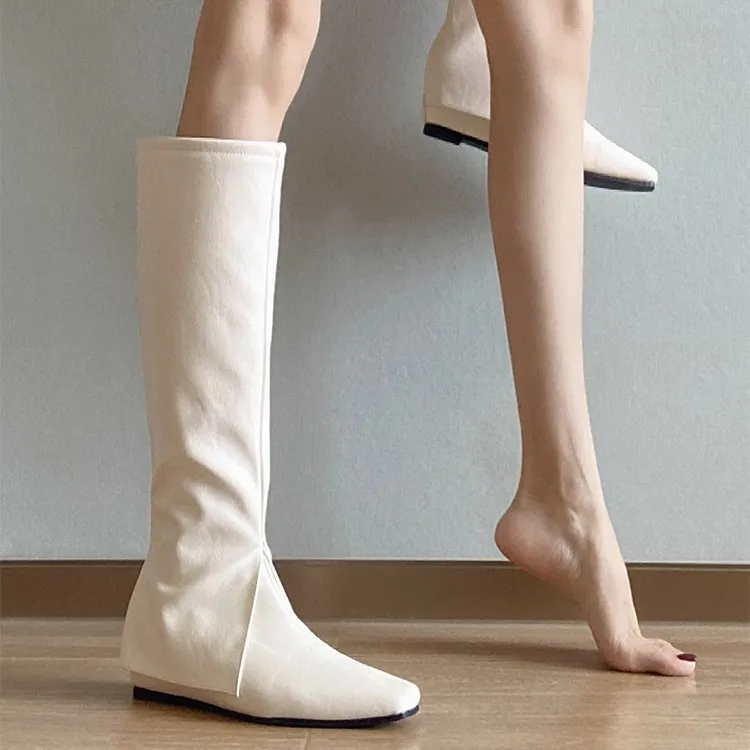 牛皮！靴子女2025新款时尚简约风米白色褶皱拉链内增高长筒瘦瘦靴