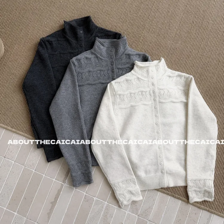 CAICAI【年货重磅】镂空钩花半高领针织衫女冬季显瘦百搭开衫毛衣