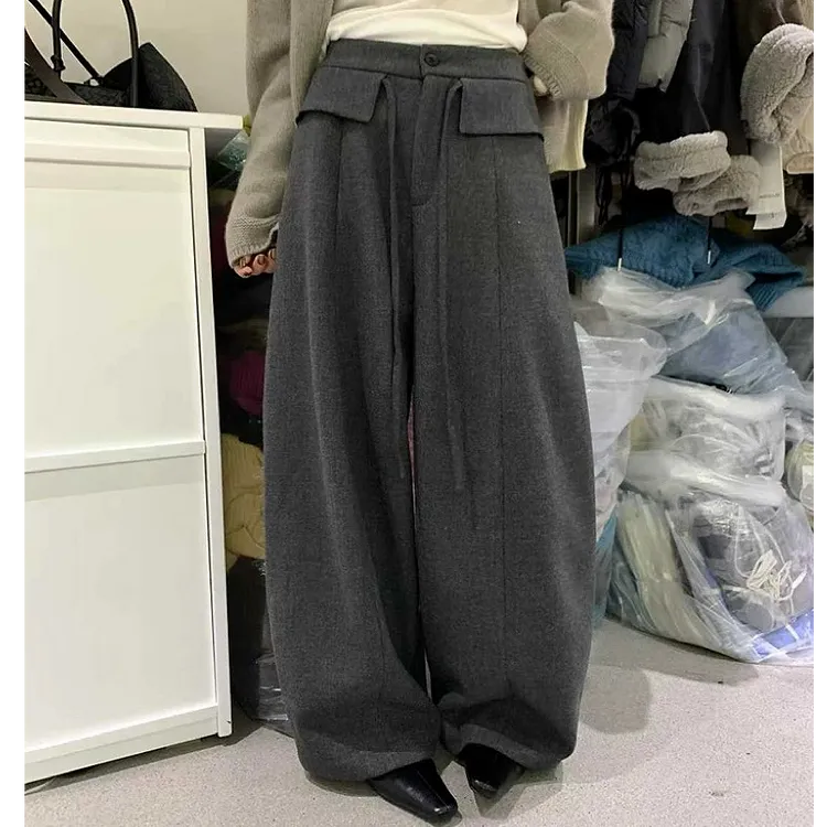 新款时尚洋气百搭阔腿裤毛呢加绒裤子新款时尚洋气百搭女装休闲裤