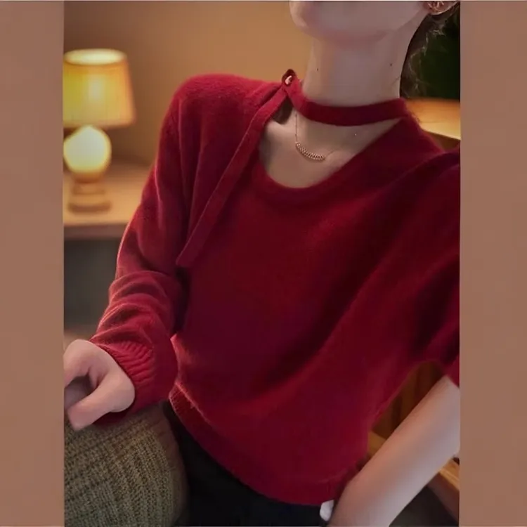 氛围感穿搭挂脖飘带针织衫女装秋冬季高级感红色毛衣修身显瘦上衣