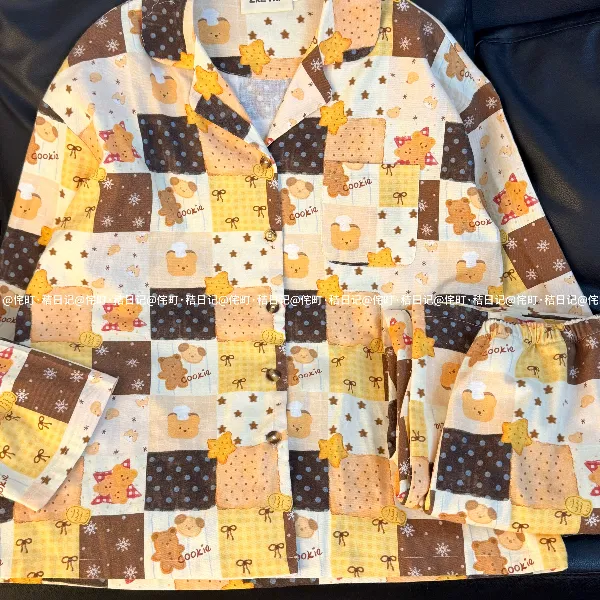 侘町2025秋冬新款饼干小熊纯棉长袖睡衣女休闲卡通可外穿家居服