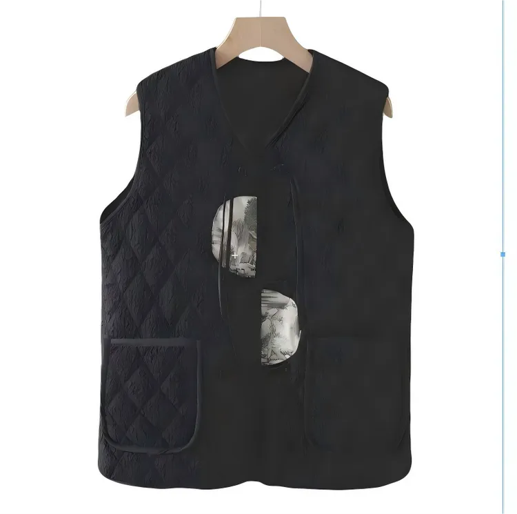 国风马甲整张白丝绵绗绣定位手工盘扣鹿皮绒刺绣贴片装饰 黑色