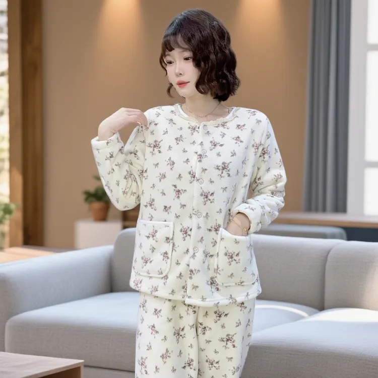 【瑜妹妹】2025秋冬田园小碎花花边领加绒家居服宽松休闲开衫睡衣女