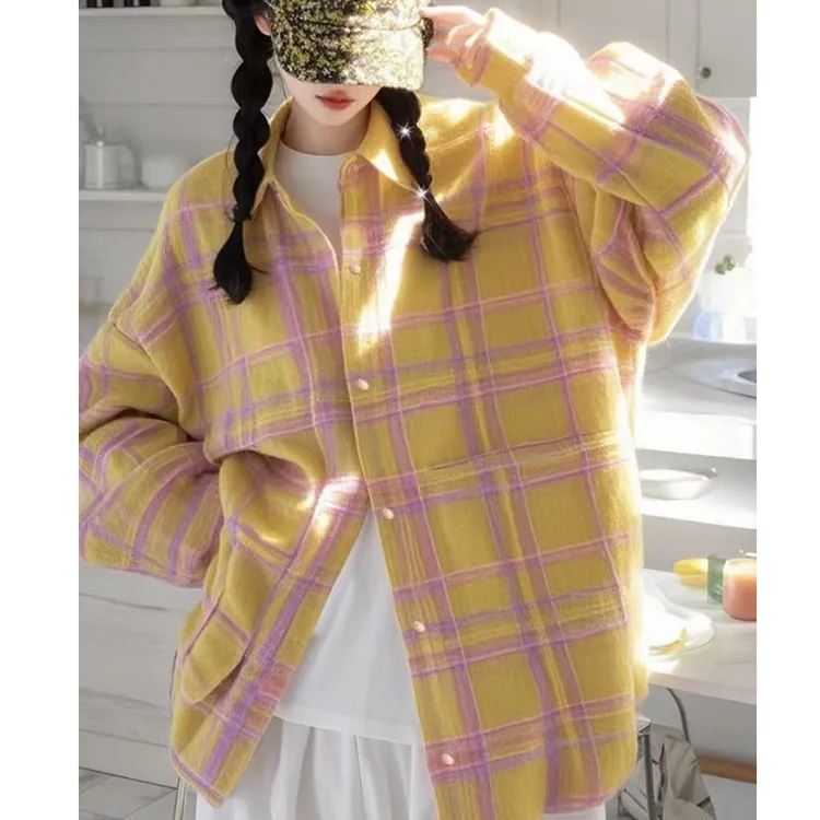 2025年春季新款超好看独特漂亮设计感减龄洋气黄色格纹衬衫外套女
