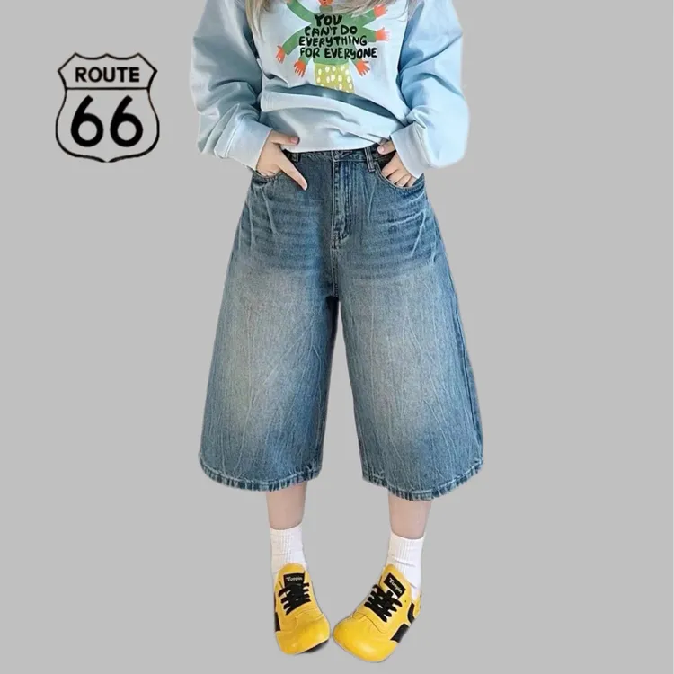 Route66/66号美式七分裤男女闪电纹理复古中裤运动阔腿牛仔短裤