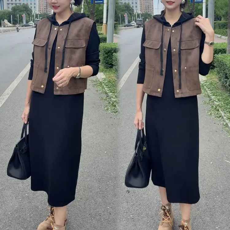 时尚套装裙女2025秋季新款时髦温柔中长款连帽卫衣裙马甲两件套裙