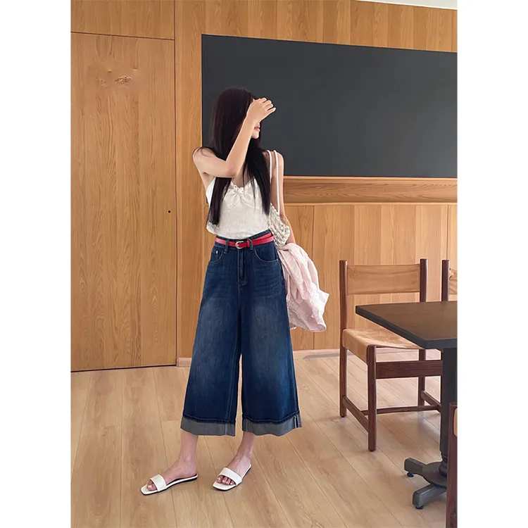 美式复古水洗做旧慵懒简约感牛仔裤女2025夏季高腰显瘦遮跨八分裤