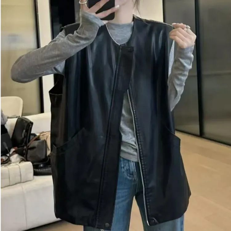 韩版 潮流宽松皮马甲简约时尚百搭休闲拉链款 PU马夹