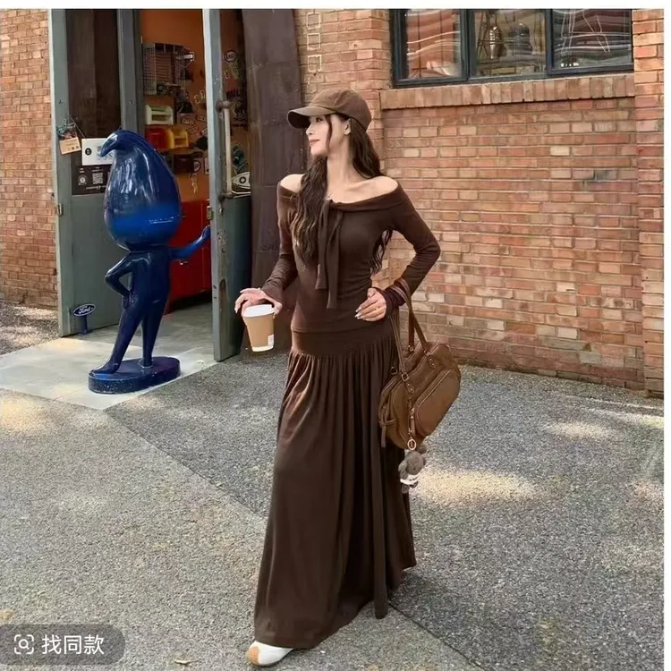 褶皱百褶裙显瘦时尚高腰长袖噪音长裙纯色女装半身裙+上衣两件套