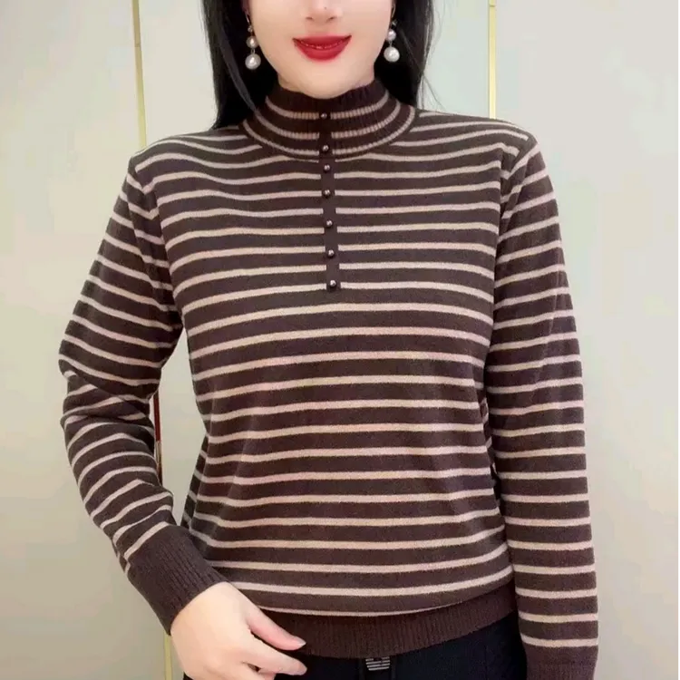 2025冬季新款加厚外穿针织衬衣时尚妈妈气质百搭拼接条纹立领毛衣