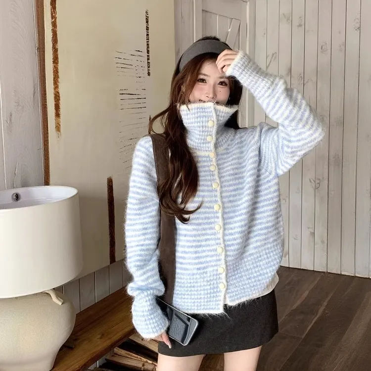 慵懒风翻领针织开衫2025秋冬新款韩系宽松显瘦百搭撞色条纹毛衣女