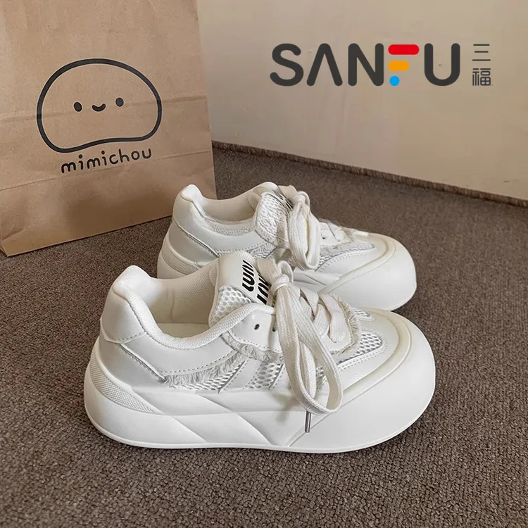 三福软底不累脚休闲女鞋新款2025夏季透气小白鞋学生百搭厚底板鞋