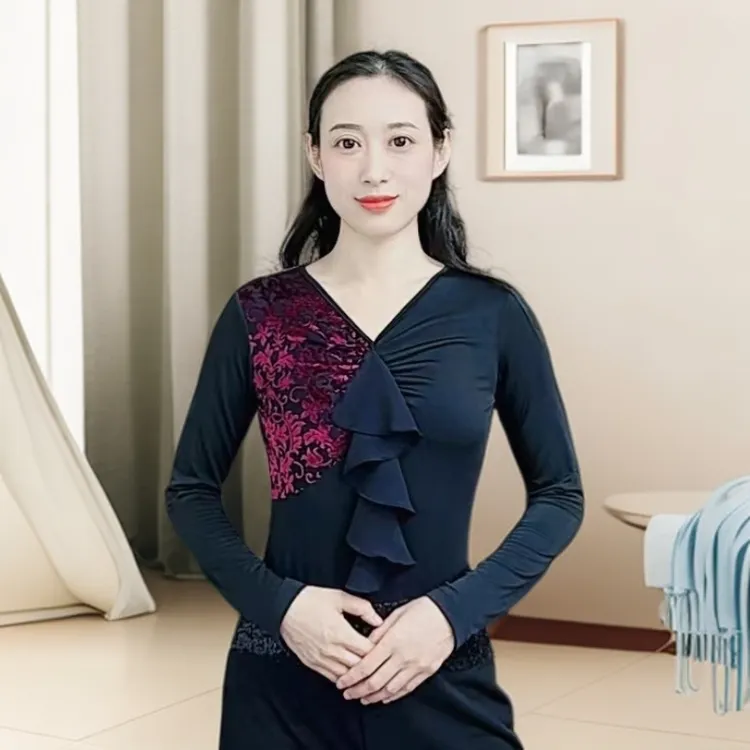 欢舞阁摩登双人舞吉特巴广场舞气质女士V领拼接时尚长袖舞衣A0816