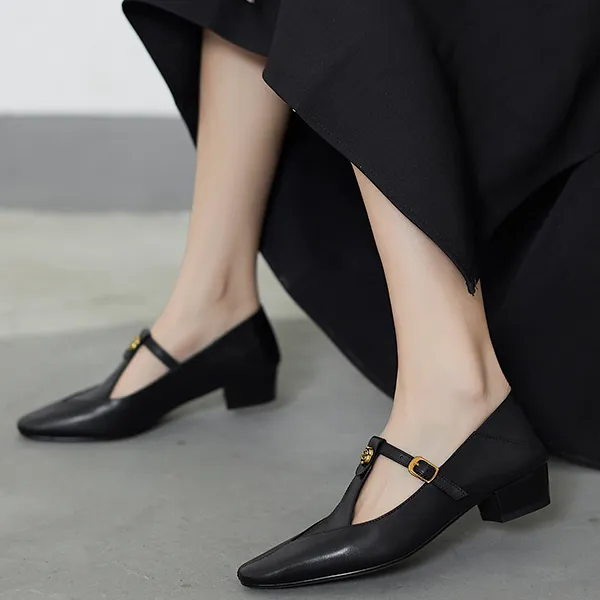 牛皮3CM粗跟玛丽珍真皮浅口单鞋复古百搭法式一字带中跟时尚女鞋