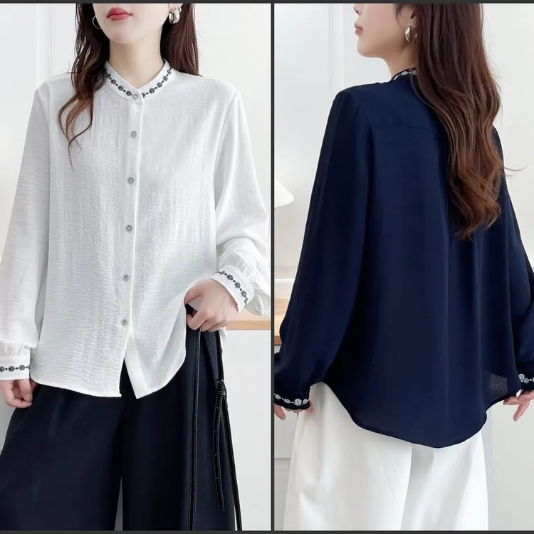 大码胖mm文艺风减龄刺绣长袖衬衫女秋季新款时尚显瘦休闲小衫807