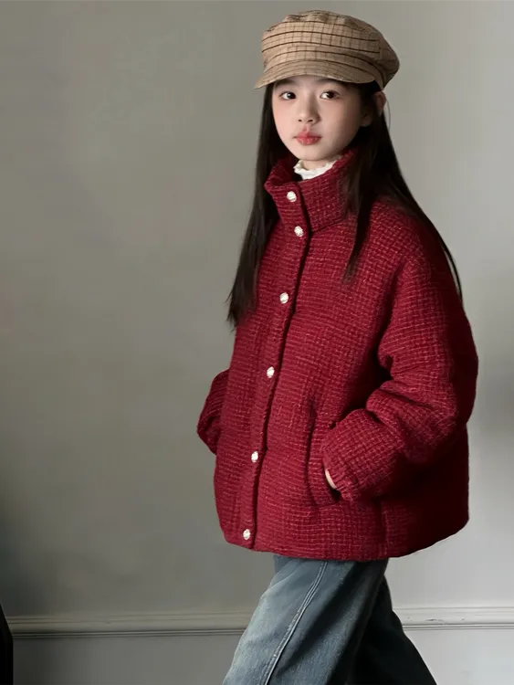 MK&DK女童小香风外套2025新款中大童加厚红色立领棉服冬装年服潮