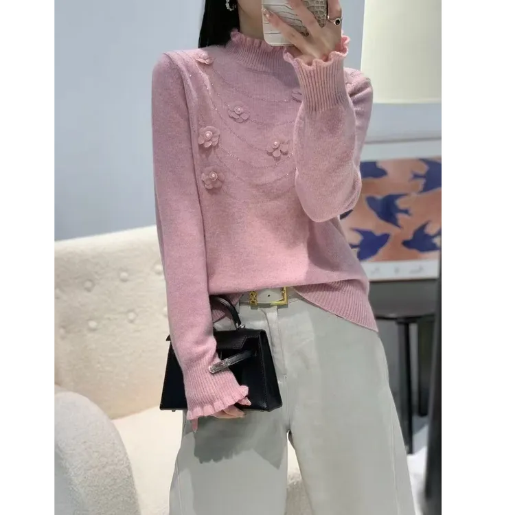 立体花钉珠烫钻半高领秋冬新款针织衫套头宽松女毛衣1569