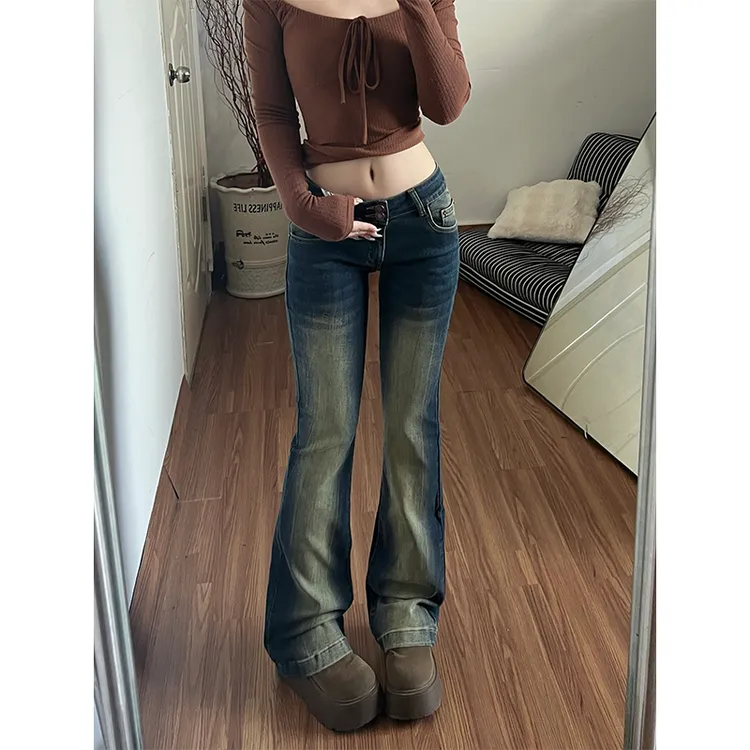 美式复古做旧水洗渐变牛仔裤子女y2k千禧风辣妹显瘦微喇叭拖地裤
