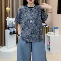 休闲圆领短袖T恤2025韩版秋豹纹短袖打底衫女B228