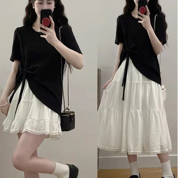 大码胖mm夏季新款时尚设计感温柔风花边裙+蝴蝶结显瘦T恤两件套