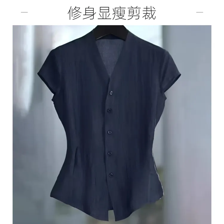 进口珠光醋酸 不透肉 V领 收腰薄款舒适短袖衬衣夏季精品透气衬衫