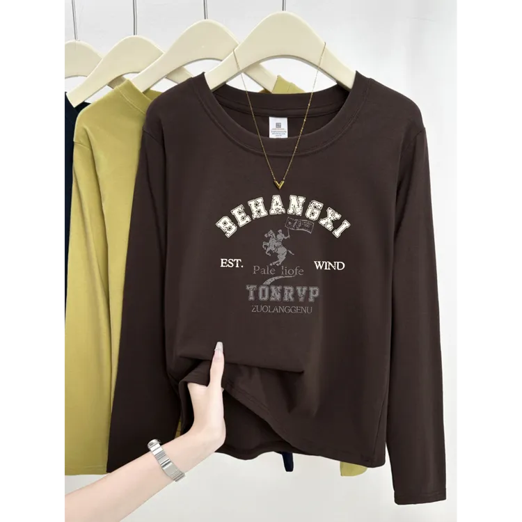 秋冬季新款高级感印花长袖t恤女美式复古小众百搭打底衫内搭上衣