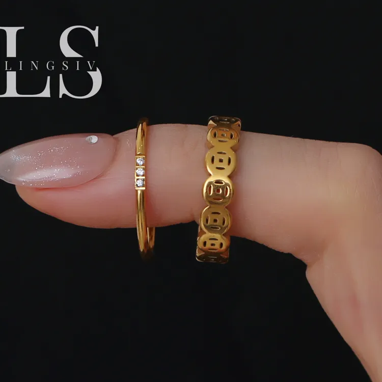 钛钢戒指 个性镂空金色素圈铜钱戒指ins气质时尚高级感不掉色指环