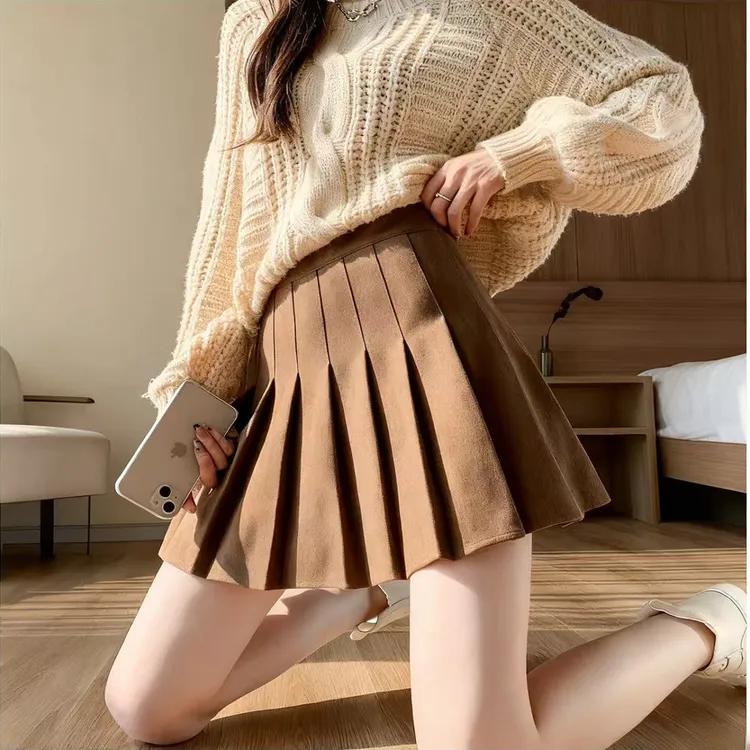 美拉德咖色毛呢百褶裙2025新款秋冬棕色搭半身裙高腰百褶裙半身裙