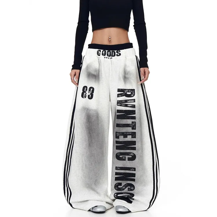 美式高街脏脏做旧字母双腰头卫裤女男设计感弯刀阔腿裤