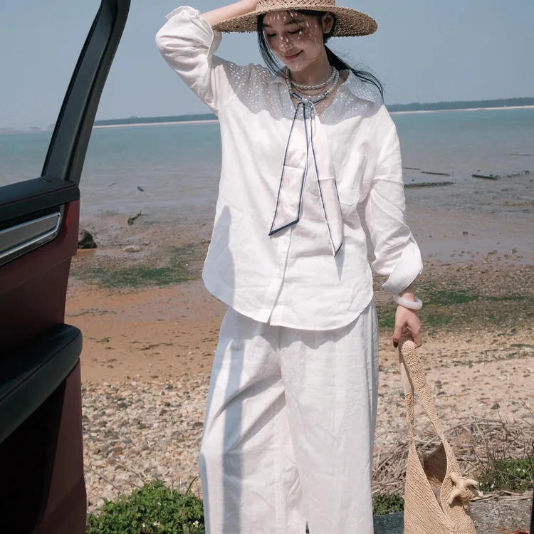 时尚气质套装白色防晒长袖衬衫女装秋季高腰休闲长裤松弛感两件套