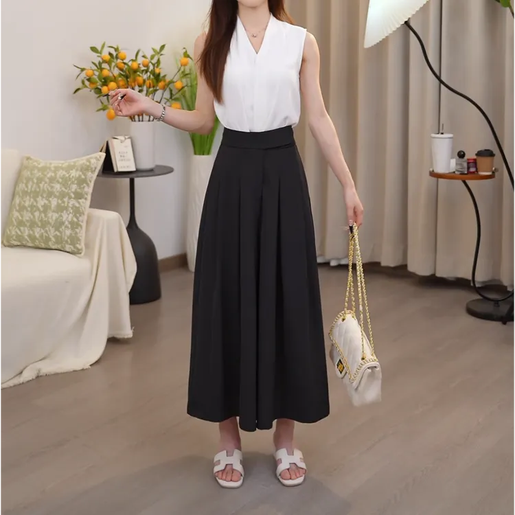 夏季韩版小个子高腰裙裤女宽松显瘦肌理感薄款休闲阔腿裤子