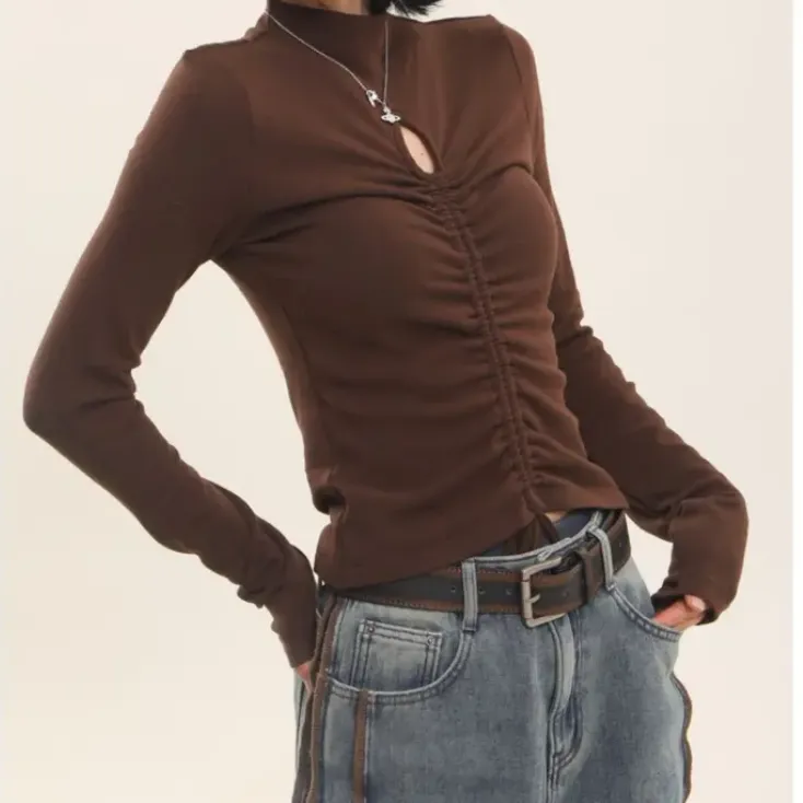 设计感前后穿抽绳镂空长袖T恤女秋冬2024新款修身韩版打底衫上衣