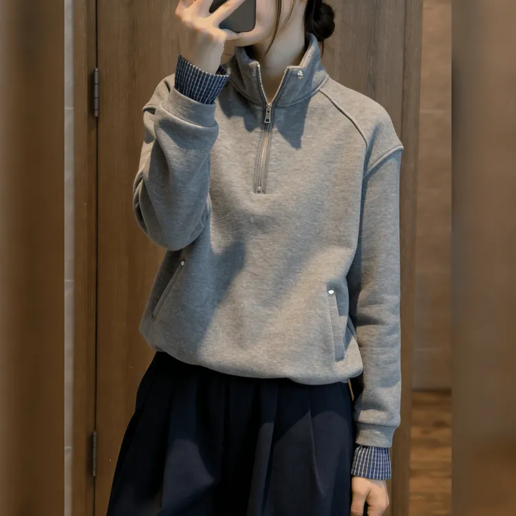立领半拉链加绒加厚卫衣女欧洲站2025冬季欧货潮宽松假两件上衣