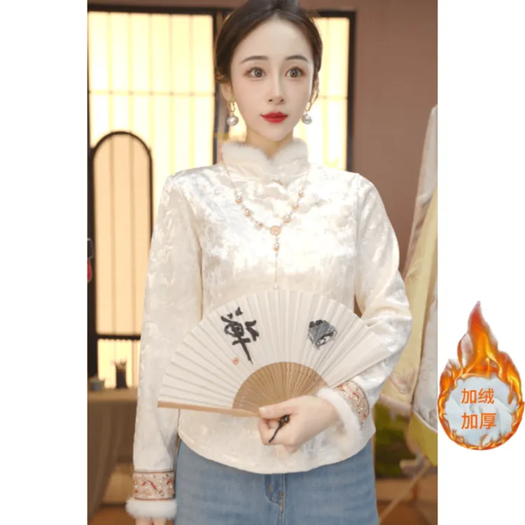 【云裳】冬季新款中式加绒加厚提花高定精致钉珠花边水貂毛百搭上衣