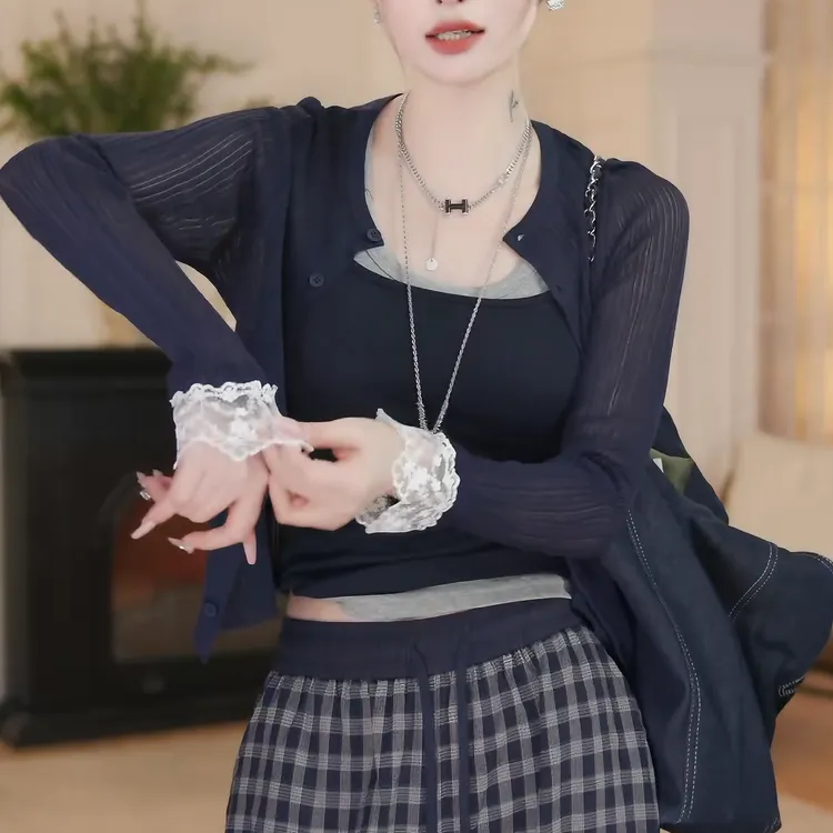 2025夏季新款蕾丝拼接针织衫气质防晒衫宽松显瘦上衣女LK2504229