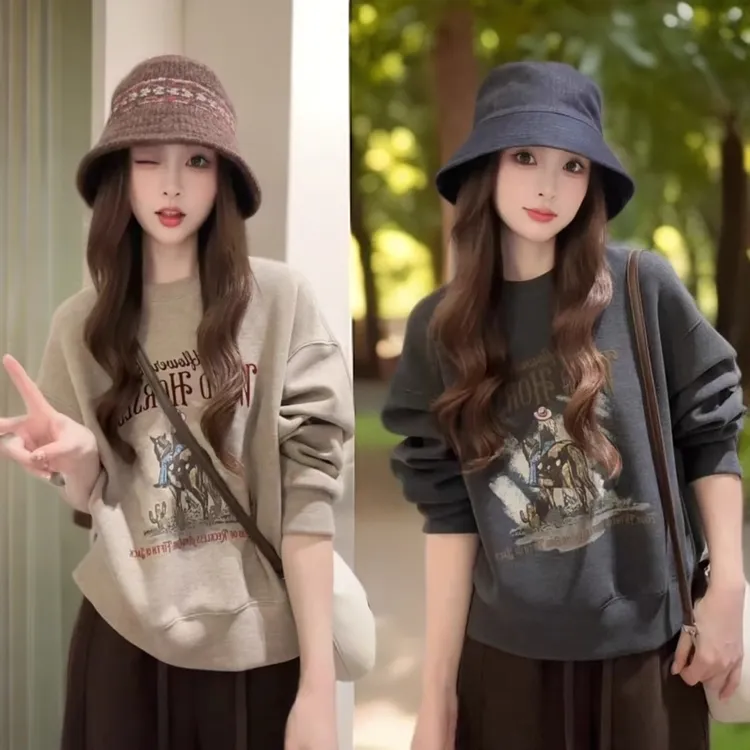 时尚休闲套装女2025秋季新款设计感圆领加绒印花卫衣阔腿裤两件套