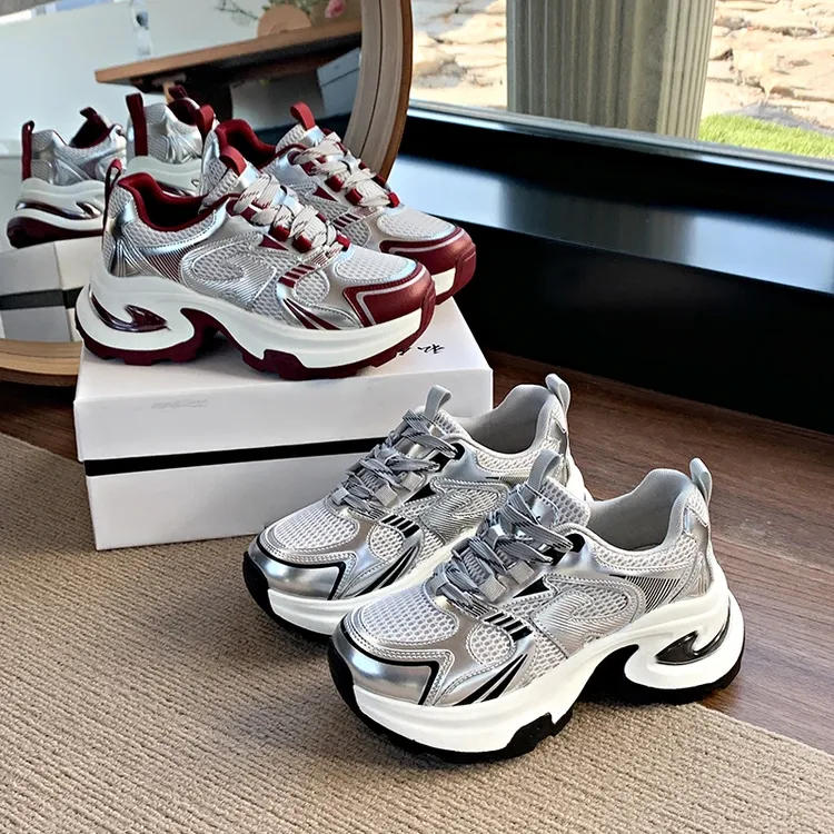 明星白鹿同款鞋银色老爹鞋女2025年新款厚底增高透气休闲运动鞋