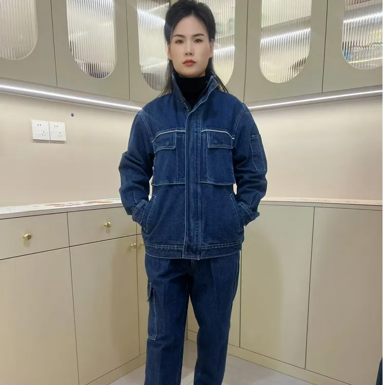 加厚工作服牛仔套装男士上衣裤子春秋耐磨耐脏建筑电焊防烫工作服
