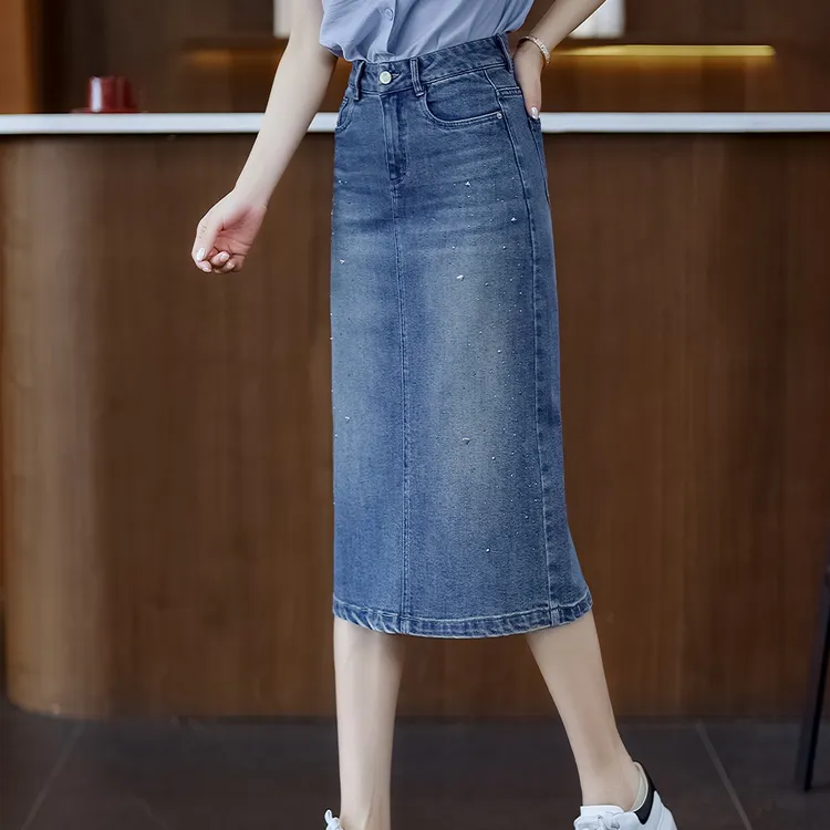 秋季闪闪烫钻牛仔裙高腰显瘦时尚半身裙开叉中长款大码A字裙夏季