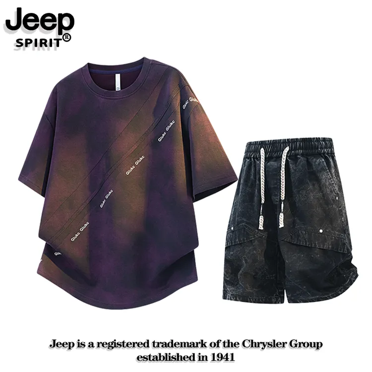 JEEPSPIRIT吉普套装男夏季新款美式休闲两件套大码宽松扎染短袖衫