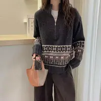 【运费补贴】复古时尚深灰色显白拉链费尔岛女毛衣针织衫显瘦外套