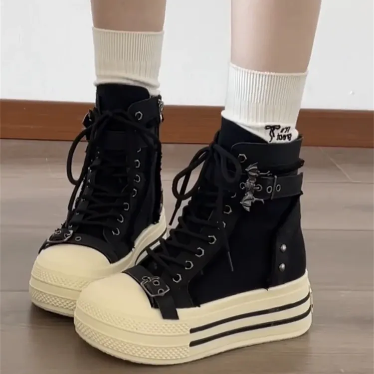 厚底内增高8cm松糕辣妹高帮帆布鞋秋季学生系带休闲短筒工装靴女